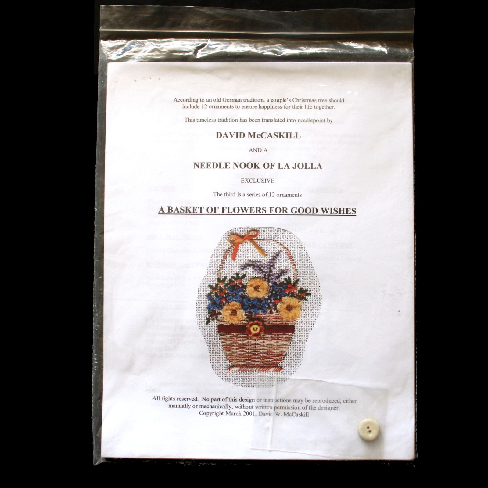 DAVID MCCASKILL NEEDLEPOINT SG W/ THREADS: 3RD ORNAMENT BASKET OF FLOWERS...  BM0