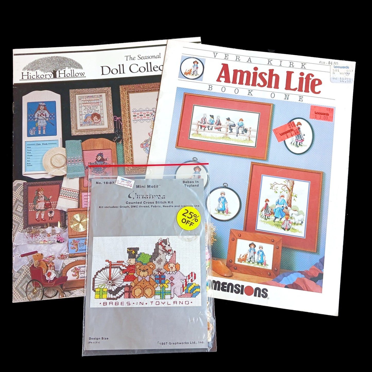 3 CROSS STITCH CHART & KIT LOT:  CHILDREN, AMISH, DOLL BM0