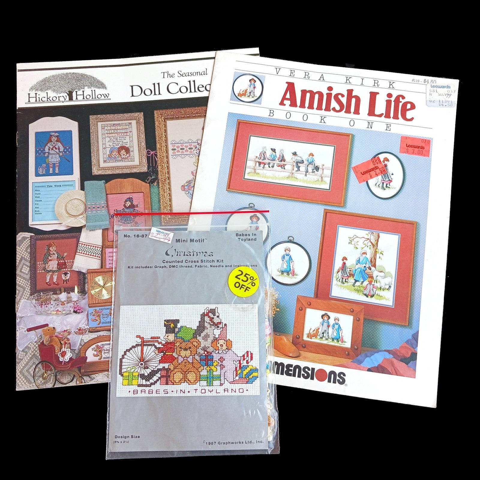 3 CROSS STITCH CHART & KIT LOT:  CHILDREN, AMISH, DOLL BM0