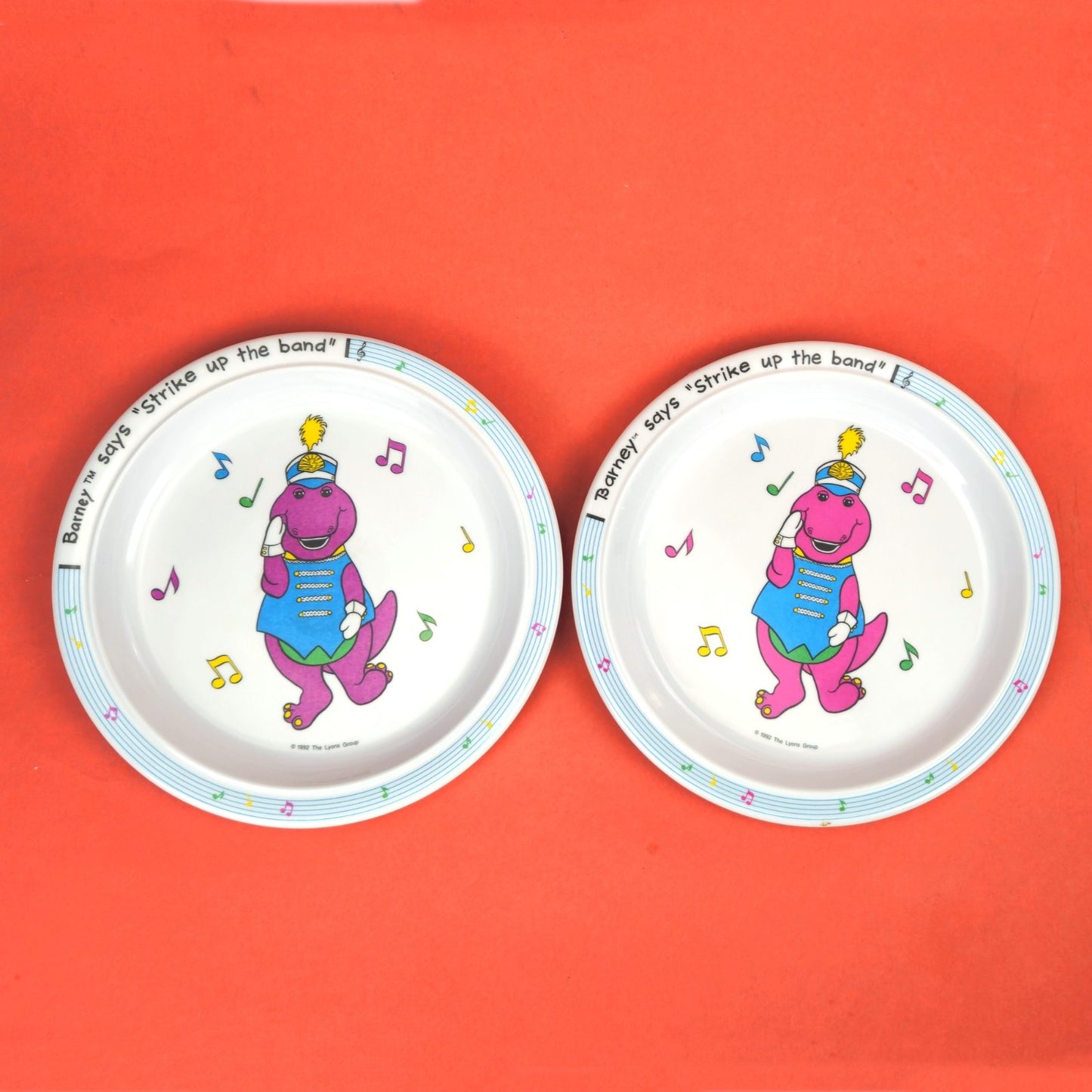 5 PC VINTAGE 1992 BARNEY STRIPE UP THE BAND DINNERWARE SET:  PLATE, BOWL, CUP5