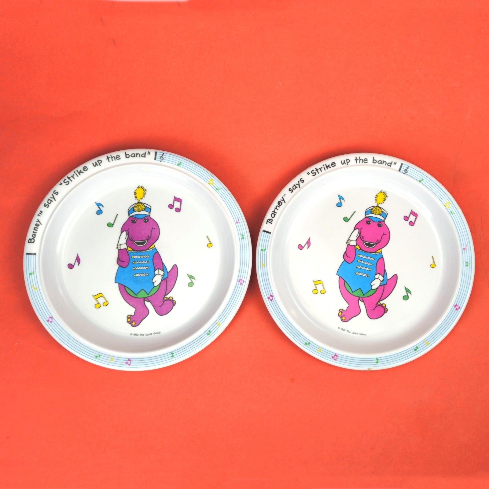 5 PC VINTAGE 1992 BARNEY STRIPE UP THE BAND DINNERWARE SET:  PLATE, BOWL, CUP5