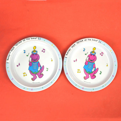 5 PC VINTAGE 1992 BARNEY STRIPE UP THE BAND DINNERWARE SET:  PLATE, BOWL, CUP5