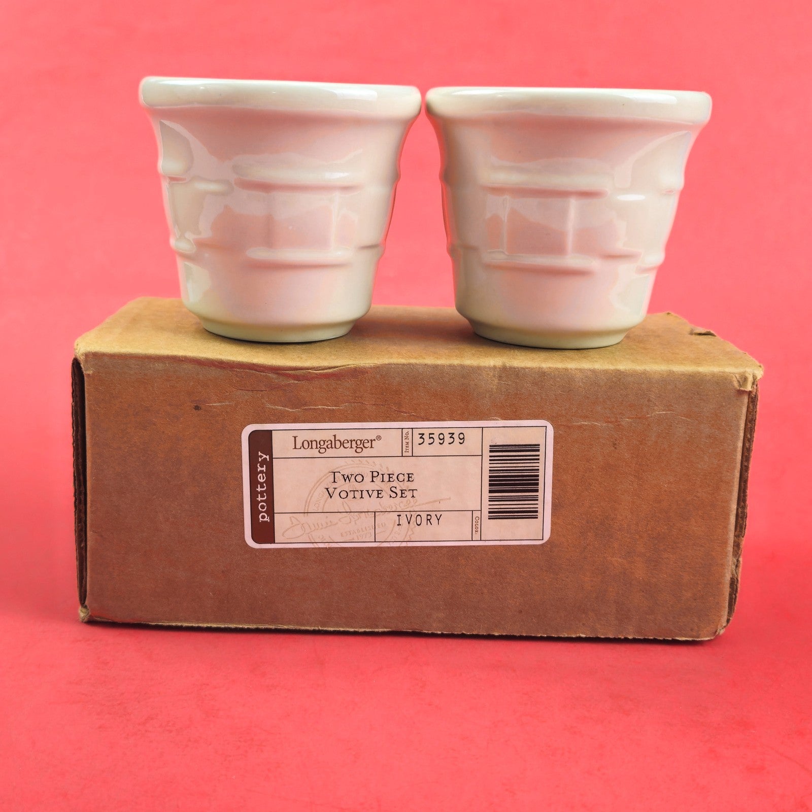 LONGABERGER POTTERY:  WOVEN TRADITIONS 2 PK VOTIVE CANDLE HOLDERS IVORY0