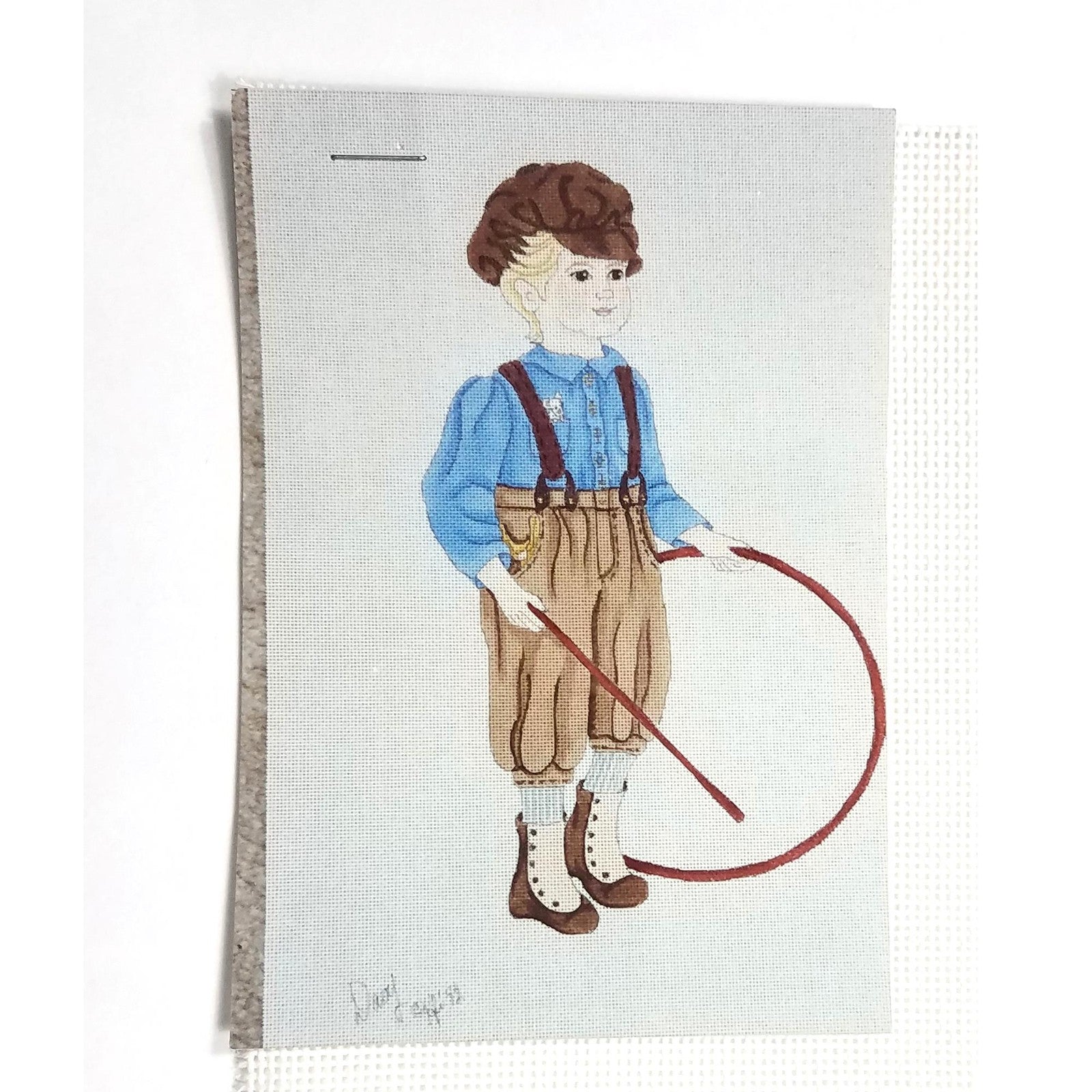 HAND PAINTED NEEDLEPOINT CANVAS:  DAVY YOUNG BOY HOOP ROLLING  BM2