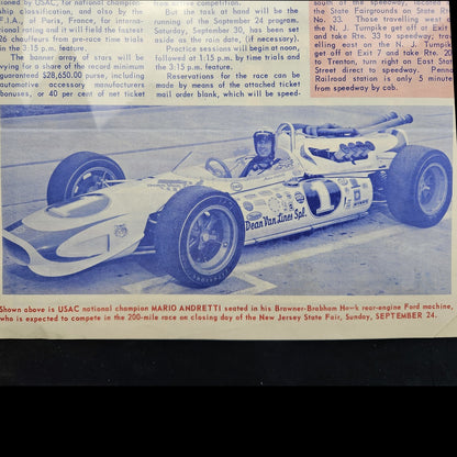 OOAK VINTAGE 1967 RACING NJ STATE FAIR FLYER:  FOYT, MARIO ANDRETTI    LF2