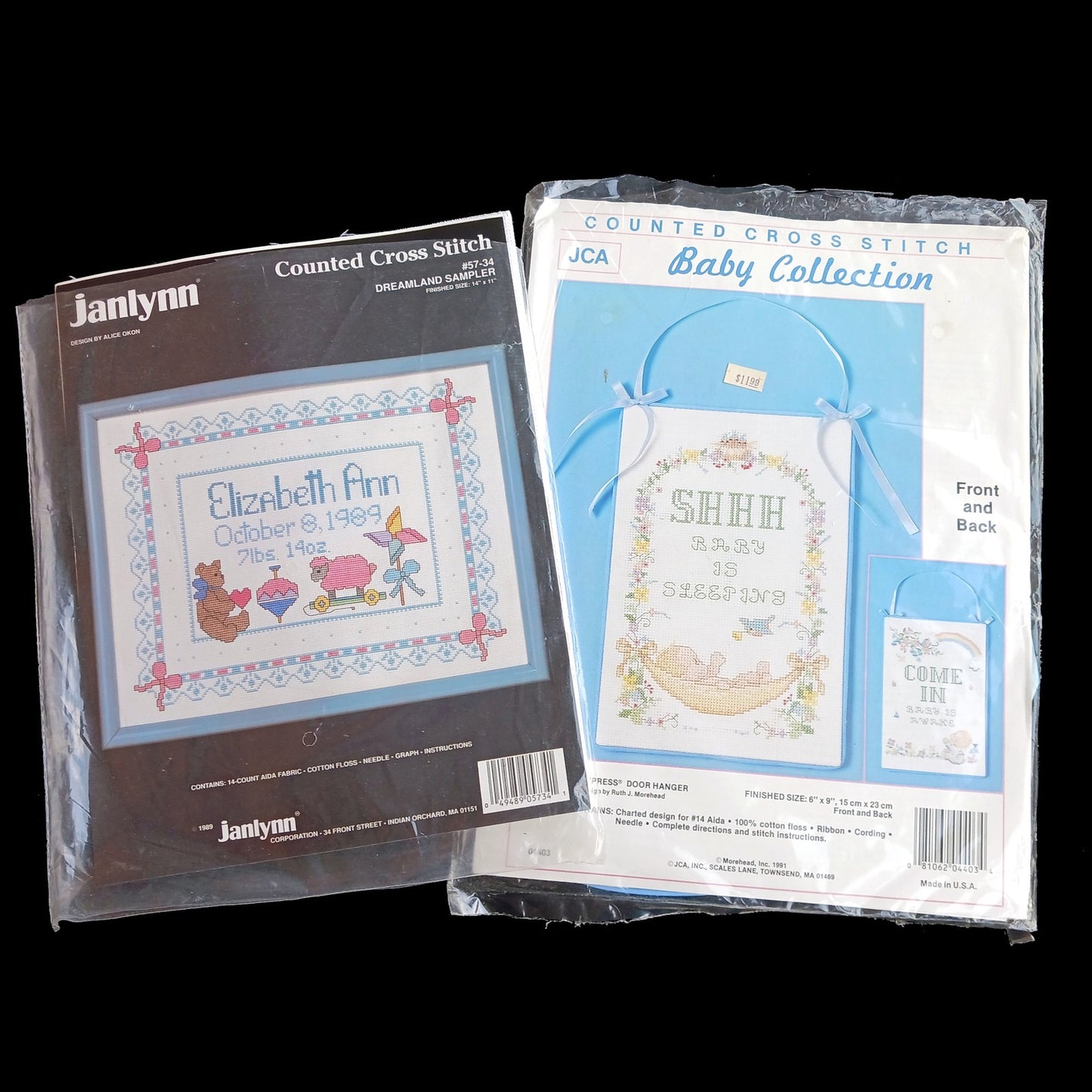 VINTAGE 2 CROSS STITCH KIT LOT BABY THEME:  DREAMLAND SAMPLER, DOOR HANGER    BM0