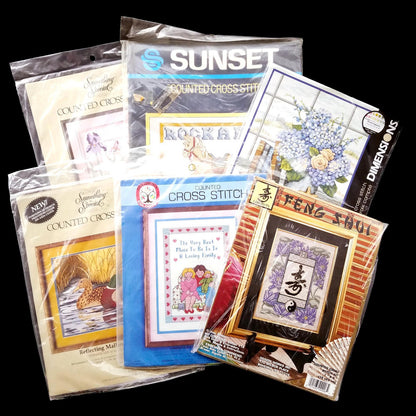 6 COUNTED CROSS STITCH KIT LOT:  FLOWER, BABY, FAMILY, LONGEVITY, DUCK THEME  BM0