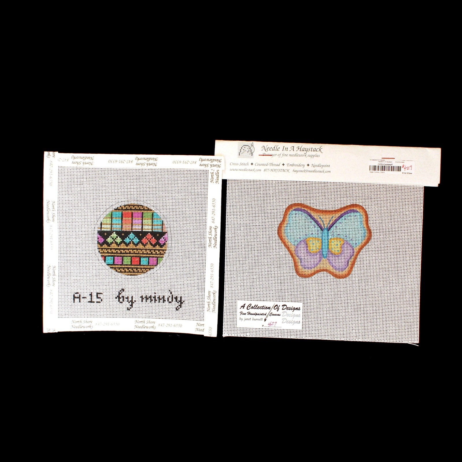 2 HAND PAINTED NEEDLEPOINT CANVAS LOT:  MINDY ORNAMENT, COD BUTTERFLY    BM1