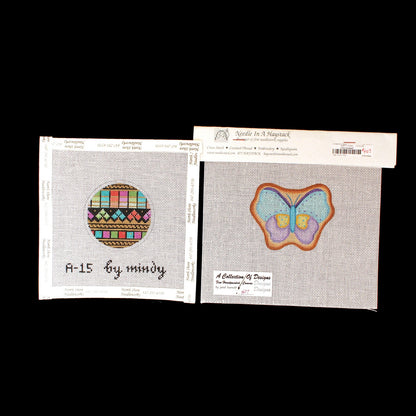 2 HAND PAINTED NEEDLEPOINT CANVAS LOT:  MINDY ORNAMENT, COD BUTTERFLY    BM1