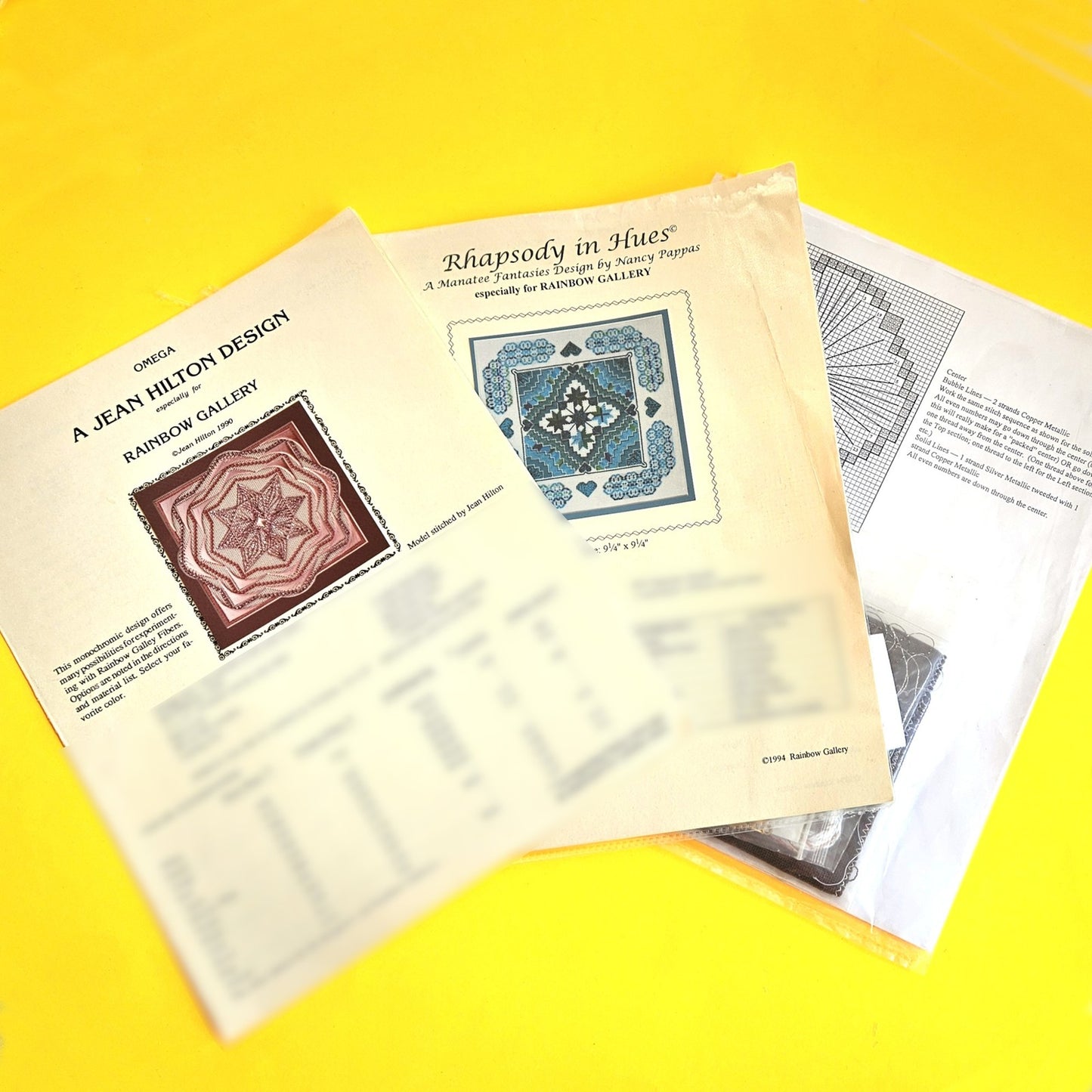 3 EMBROIDERY CHARTS:  ABSTRACT DESIGNS SUE LENTZ, JEAN HILTON, NANCY PAPPAS   BM0