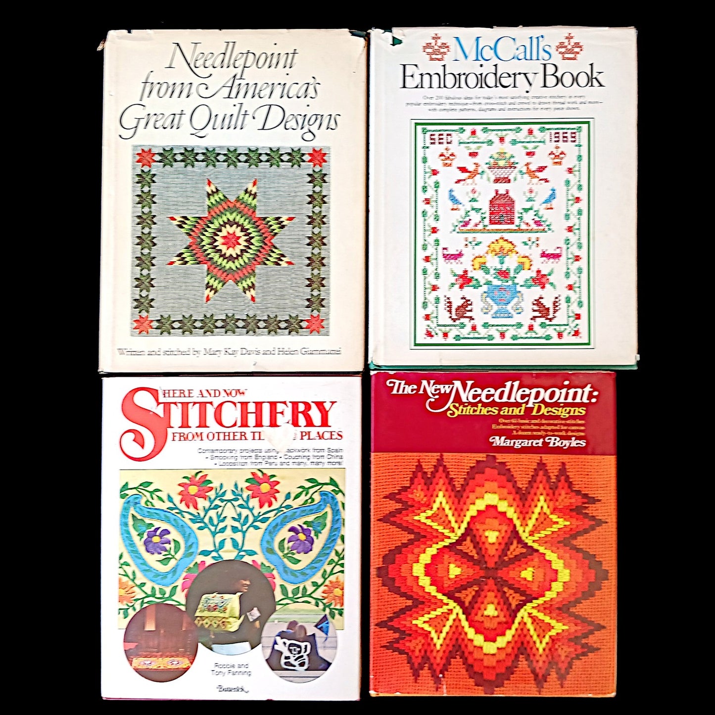 VINTAGE 5 NEEDLEPOINT STITCHERY BOOK LOT: MCCALLS EMBROIDERY, QUILT DESIGNS + BM1