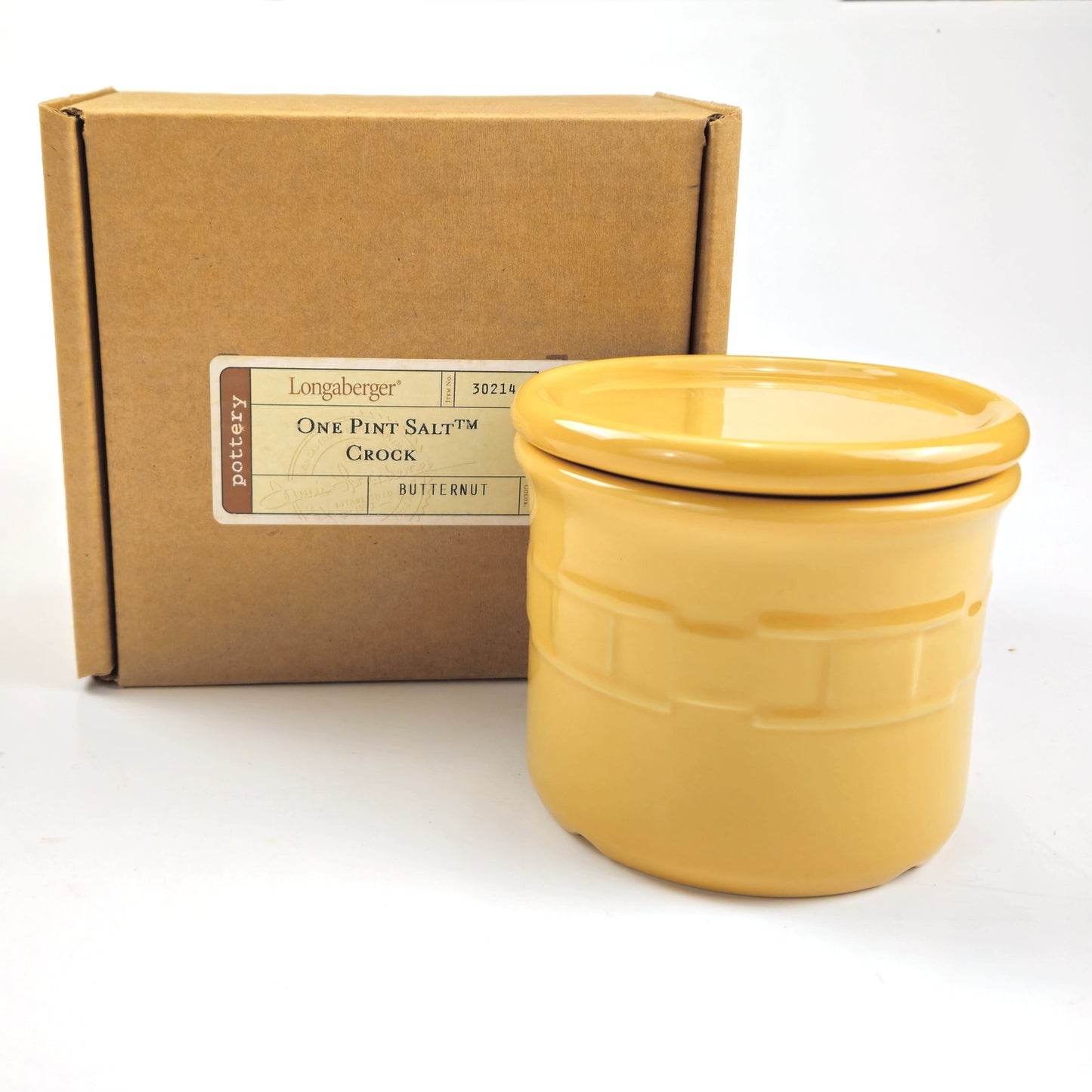 RETIRED LONGABERGER POTTERY:  1 PINT SALT CROCK & LID / COASTER  BUTTERNUT0