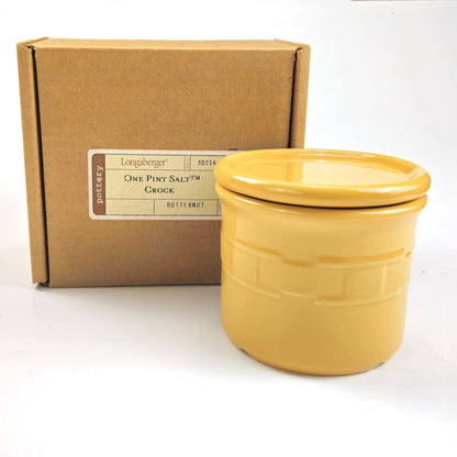 RETIRED LONGABERGER POTTERY:  1 PINT SALT CROCK & LID / COASTER  BUTTERNUT0