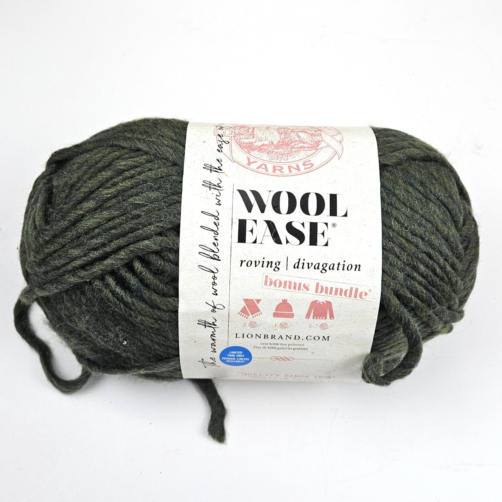 LARGE 11 OZ SKEIN LION BRAND WOOL EASE YARN:  OLIVE0