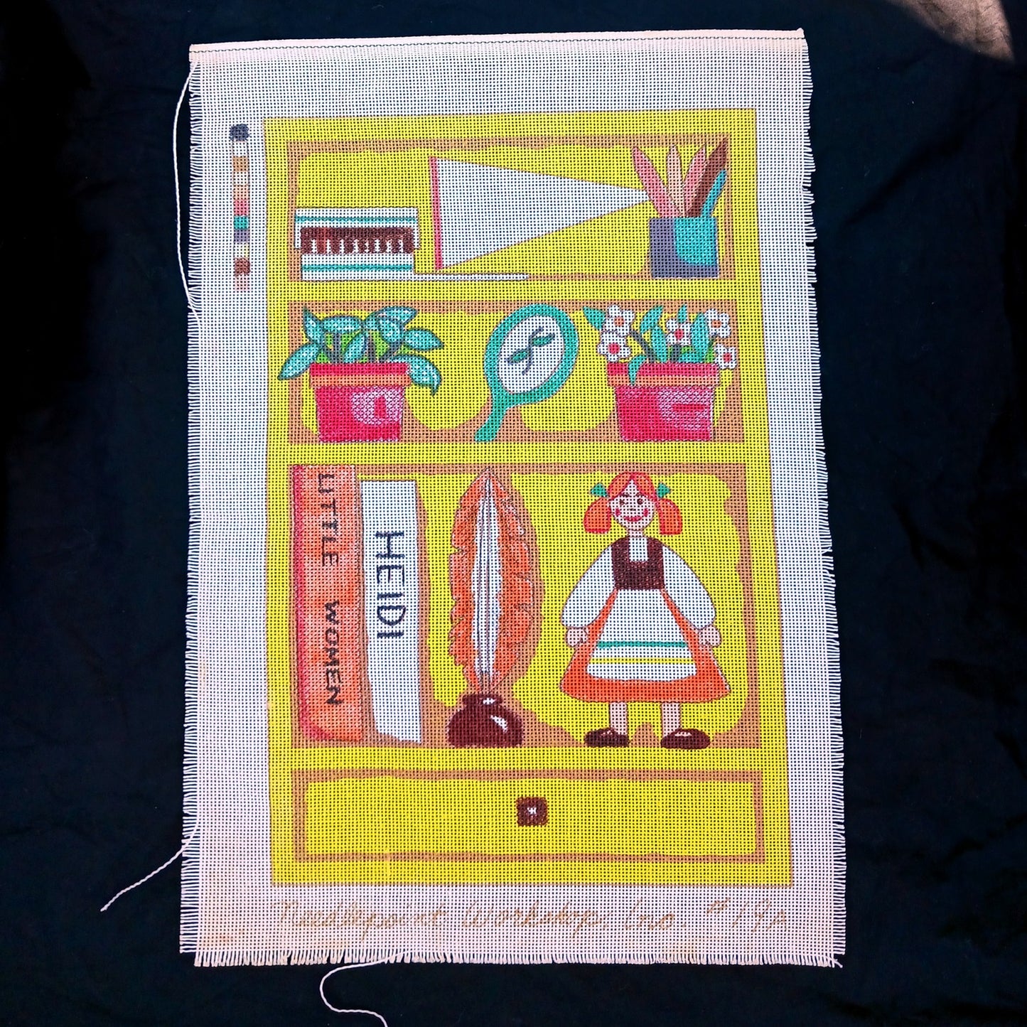 VINTAGE OOAK HAND PAINTED NEEDLEPOINT CANVAS:  WHIMSICAL BOOKSHELF DOLL      BM1