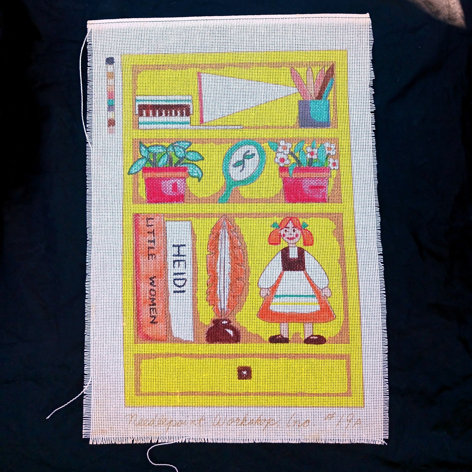 VINTAGE OOAK HAND PAINTED NEEDLEPOINT CANVAS:  WHIMSICAL BOOKSHELF DOLL      BM1