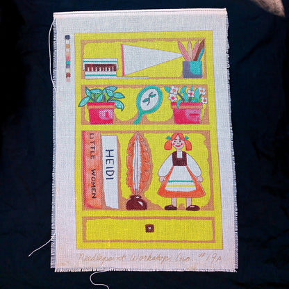 VINTAGE OOAK HAND PAINTED NEEDLEPOINT CANVAS:  WHIMSICAL BOOKSHELF DOLL      BM1