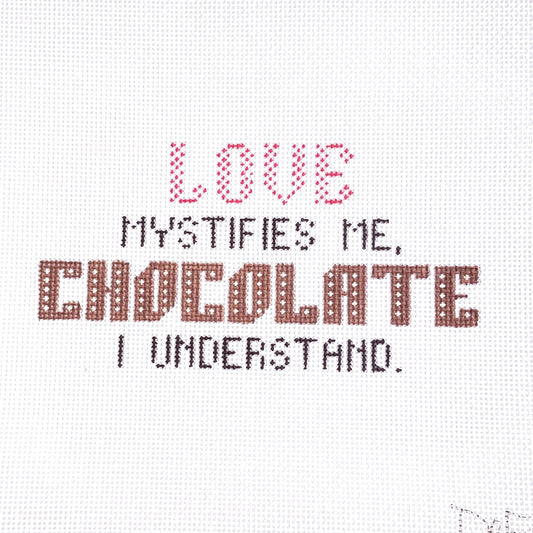 DeELDA NEEDLEPOINT CANVAS:  LOVE MYSTIFIES ME, CHOCOLATE I UNDERSTAND  BM0