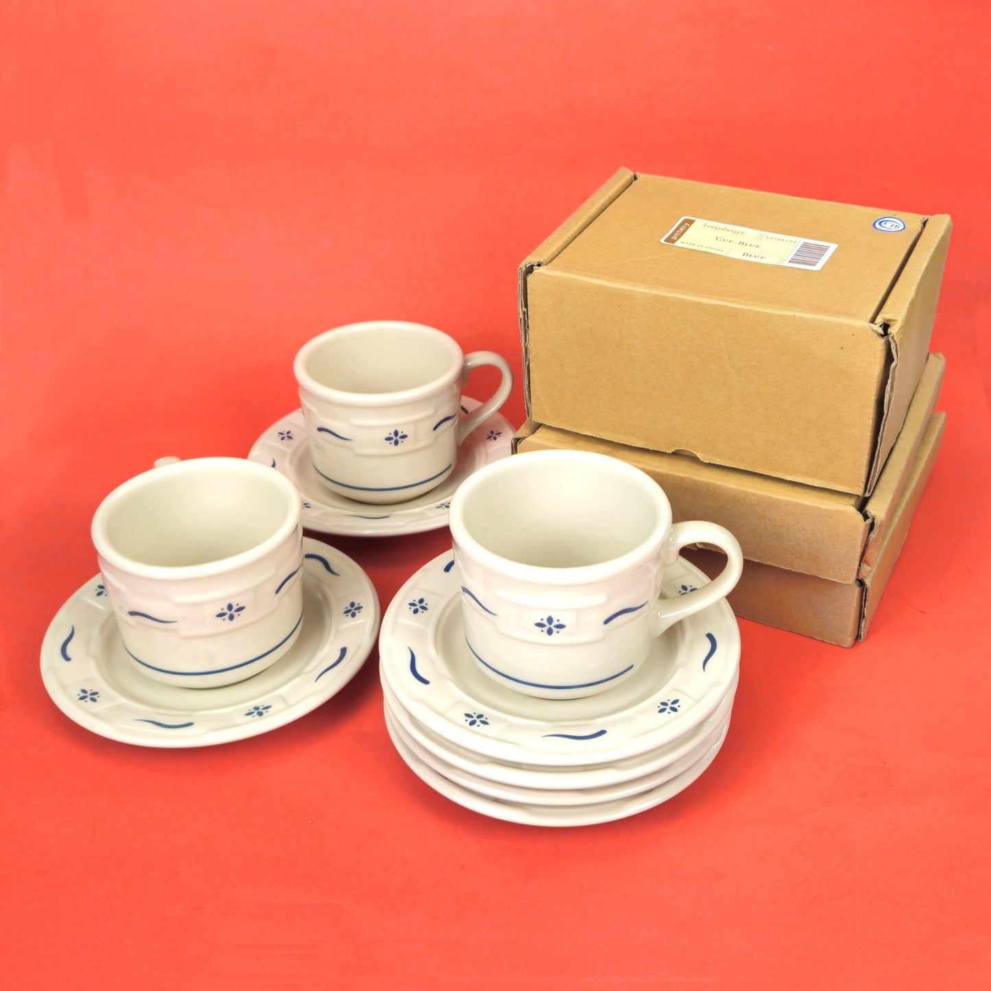 LONGABERGER POTTERY:  WOVEN TRADITIONS BLUE 4 CUP & SAUCER, 4 EXTRA SAUCERS0
