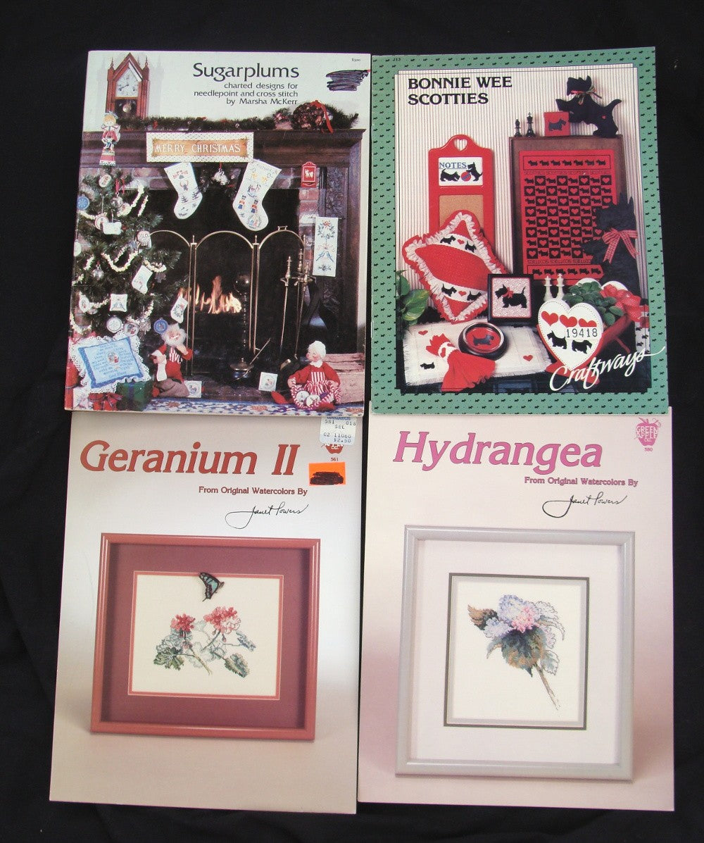 12 CROSS STITCH CHART LOT:  COUNTRY, FLORAL, SCOTTIE, CHRISTMAS THEME     BM1