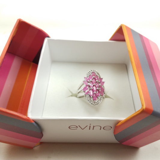 QUINTESSENCE JEWELERY CLUSTER RING PINK W/ MARCASITE SZ 6, SS 925   RDO0