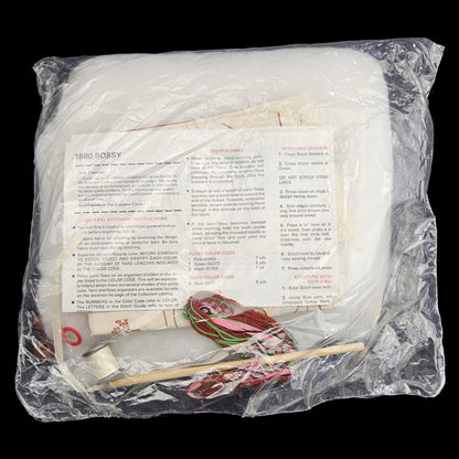 THE CREATIVE CIRCLE STAMPED EMBROIDERY KIT:  1980 BOSSY COW TOWEL & HANGER    LF2