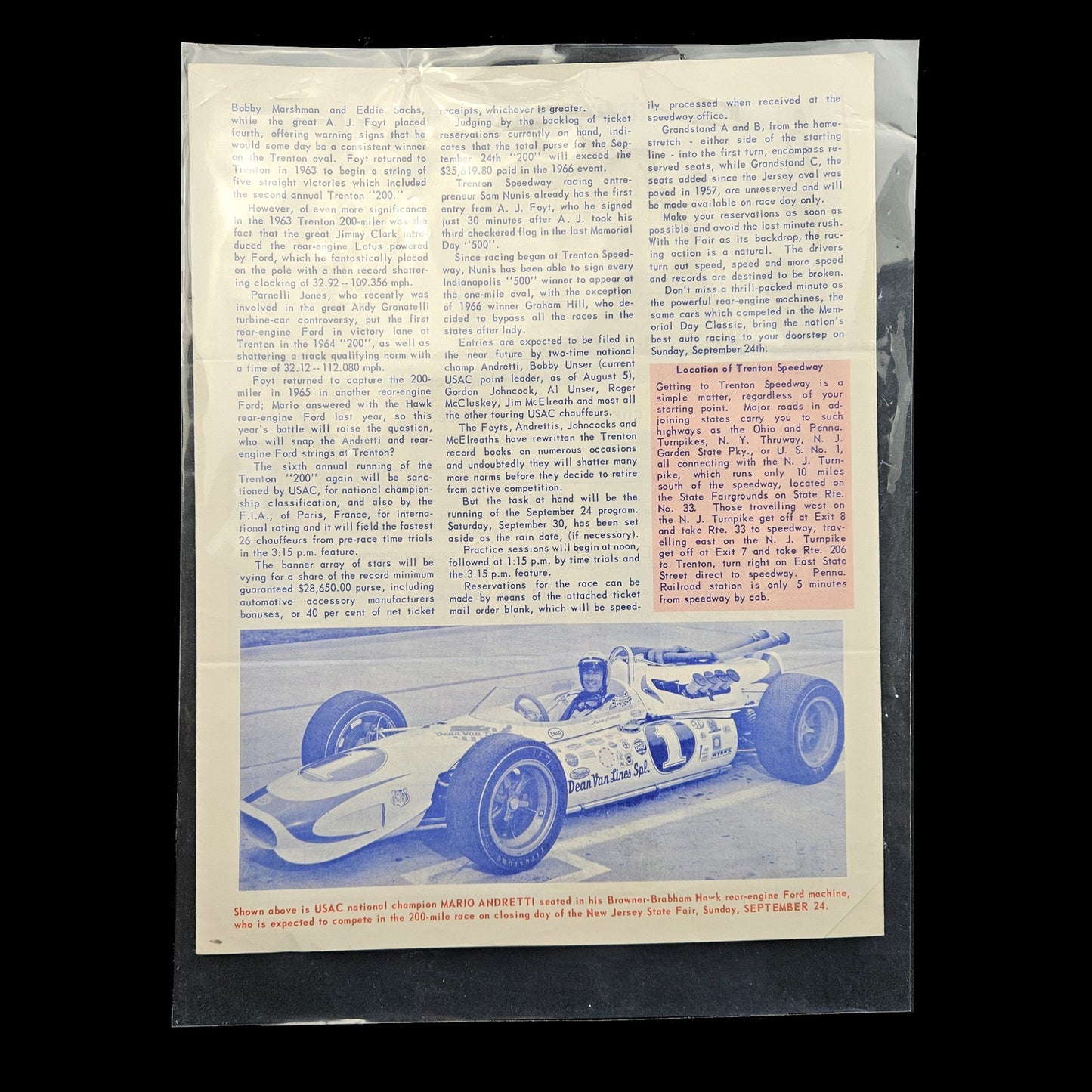 OOAK VINTAGE 1967 RACING NJ STATE FAIR FLYER:  FOYT, MARIO ANDRETTI    LF1