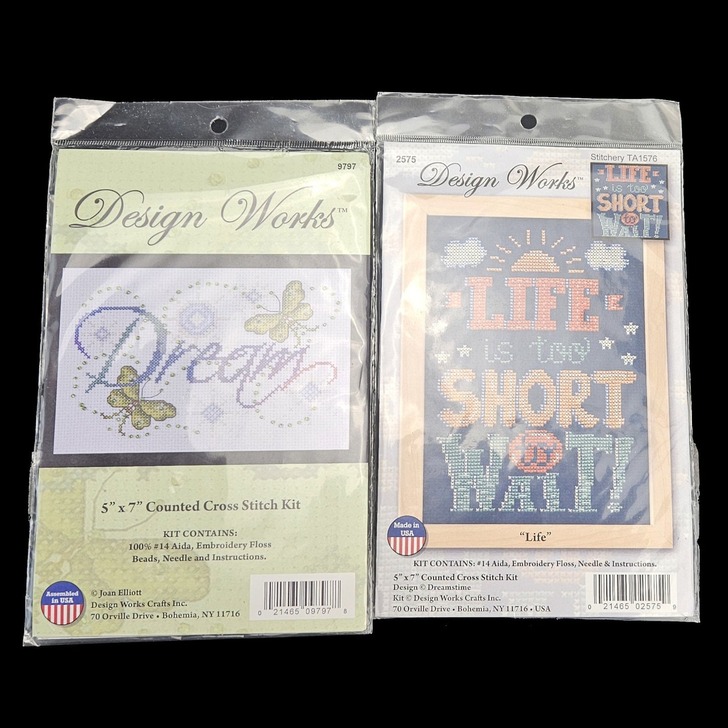 5 CROSS STITCH KIT LOT:  SAYINGS - DREAM, LIFE IS TOO SHORT TO WAIT, BELIEVE  BM1