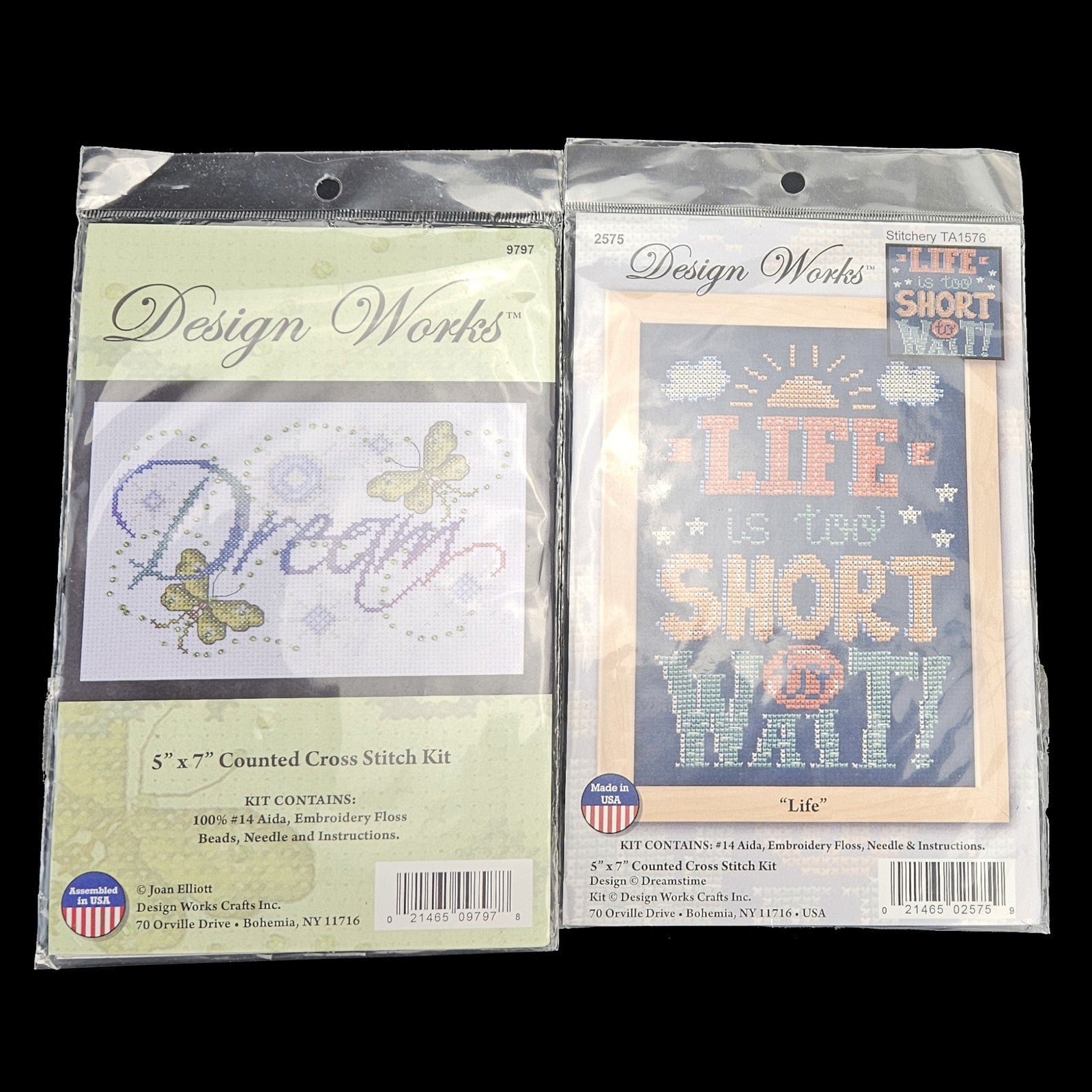 5 CROSS STITCH KIT LOT:  SAYINGS - DREAM, LIFE IS TOO SHORT TO WAIT, BELIEVE  BM1