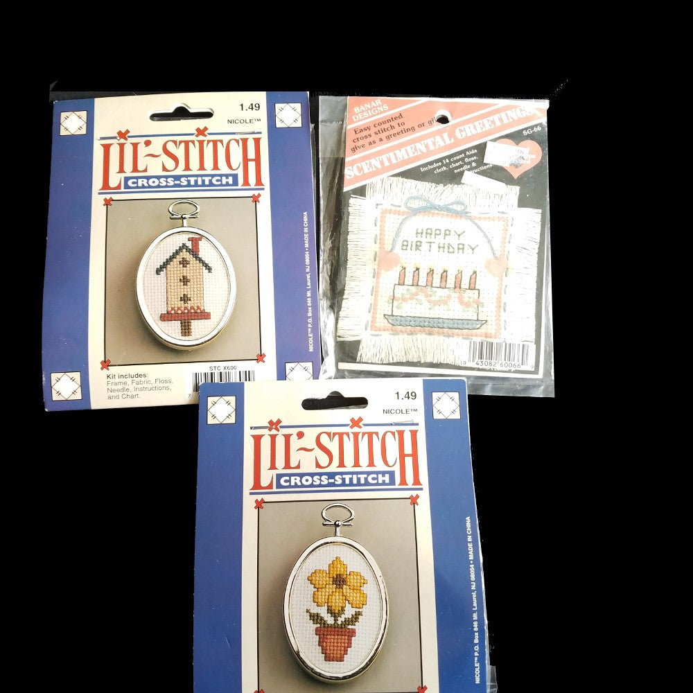 6 MINI CROSS STITCH KIT LOT:  FLOWER, BIRTHDAY, CHECK BOOK COVER, PSU, BOXES  BM1