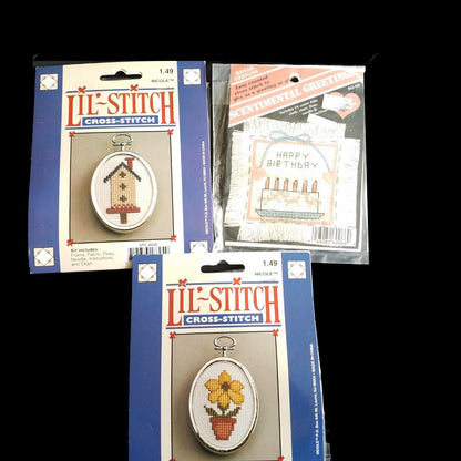 6 MINI CROSS STITCH KIT LOT:  FLOWER, BIRTHDAY, CHECK BOOK COVER, PSU, BOXES  BM1