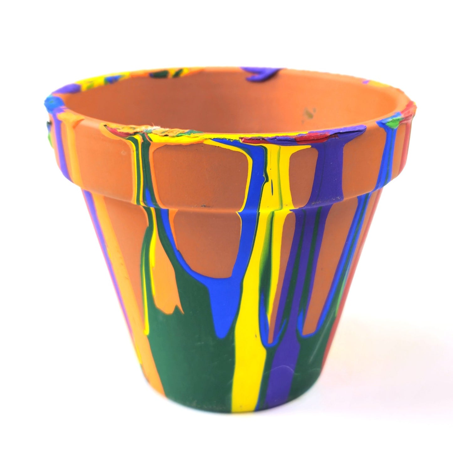 HAND PAINTED CLAY FLOWER POT:  PRIMARY CIRCUS COLORS2