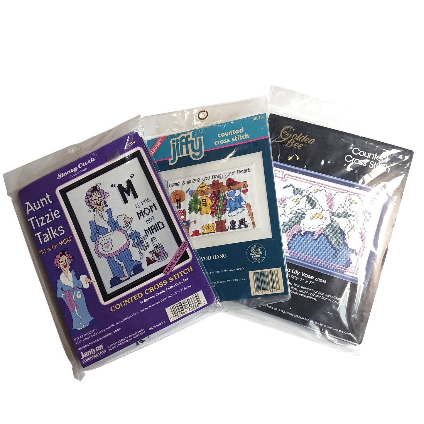 3 MINI CROSS STITCH KIT LOT:  FLOWER, MOM IS NOT MAID, HOME HEART  BM0