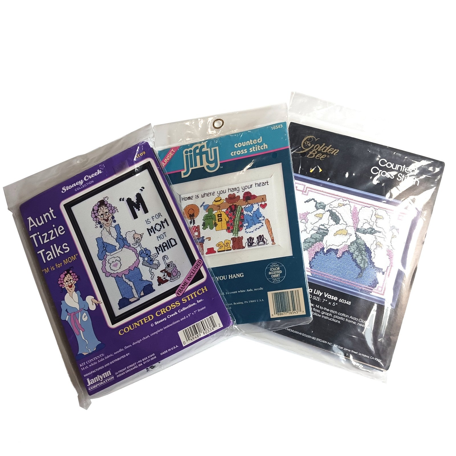 3 MINI CROSS STITCH KIT LOT:  FLOWER, MOM IS NOT MAID, HOME HEART  BM0