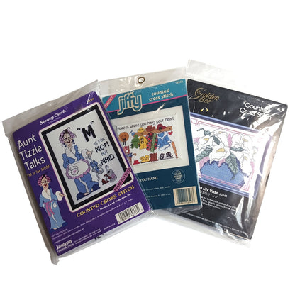 3 MINI CROSS STITCH KIT LOT:  FLOWER, MOM IS NOT MAID, HOME HEART  BM0
