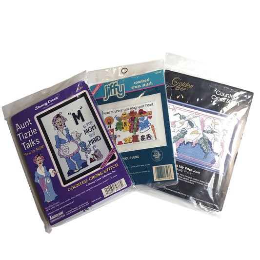 3 MINI CROSS STITCH KIT LOT:  FLOWER, MOM IS NOT MAID, HOME HEART  BM0