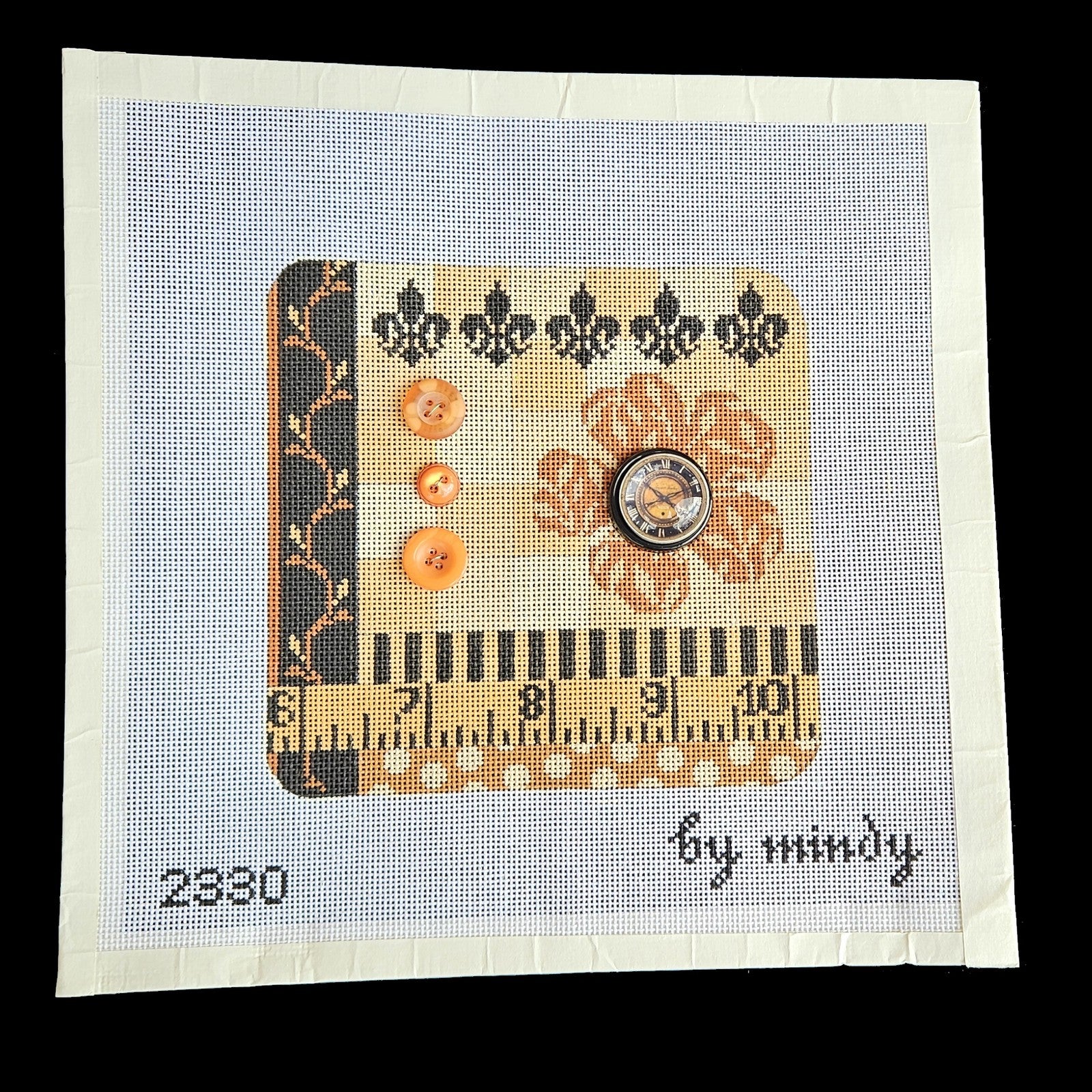 MINDY NEEDLEPOINT CANVAS:  WHIMSICAL ABSTRACT SEWING NOTION BOX LID   BM1