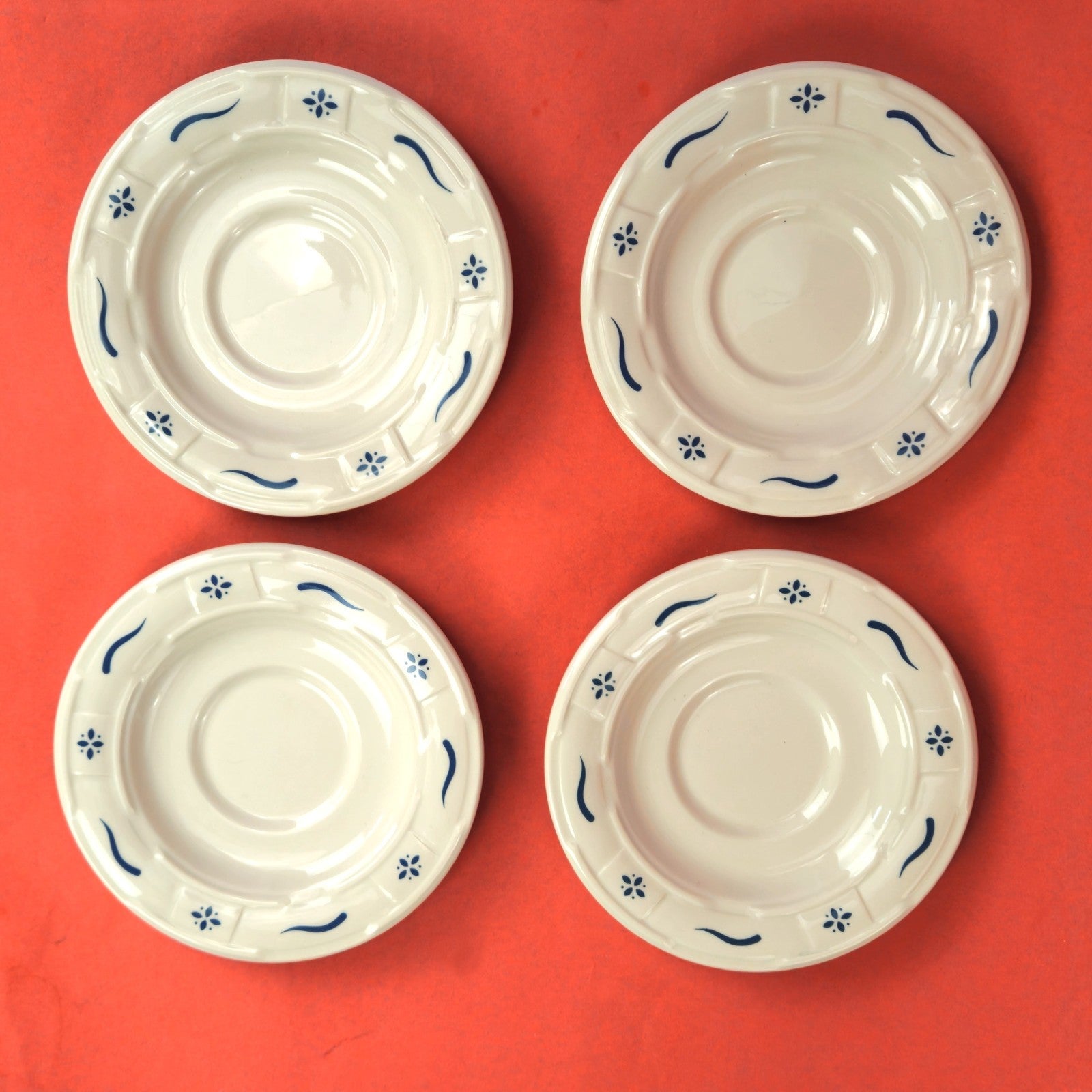 LONGABERGER POTTERY:  WOVEN TRADITIONS BLUE 4 CUP & SAUCER, 4 EXTRA SAUCERS1