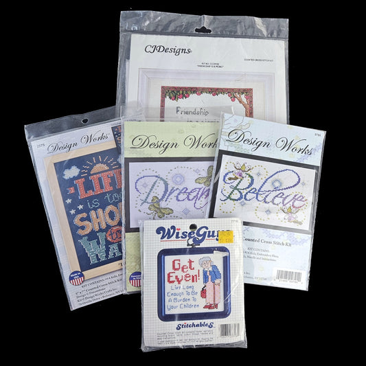5 CROSS STITCH KIT LOT:  SAYINGS - DREAM, LIFE IS TOO SHORT TO WAIT, BELIEVE  BM0