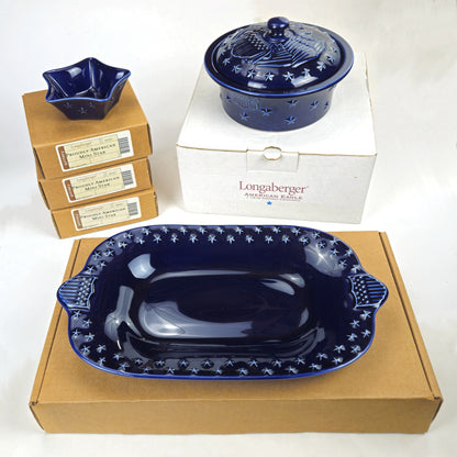 RETIRED LONGABERGER POTTERY:  PROUDLY AMERICAN SET CASSEROLE, STAR TRAY  NIB0