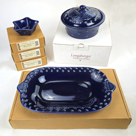 RETIRED LONGABERGER POTTERY:  PROUDLY AMERICAN SET CASSEROLE, STAR TRAY  NIB0