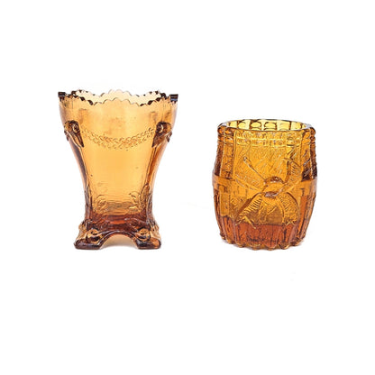 2 VINTAGE AMBER TOOTHPICK MATCH HOLDERS:  DEGENHART AND WHEELING WV      DJ0