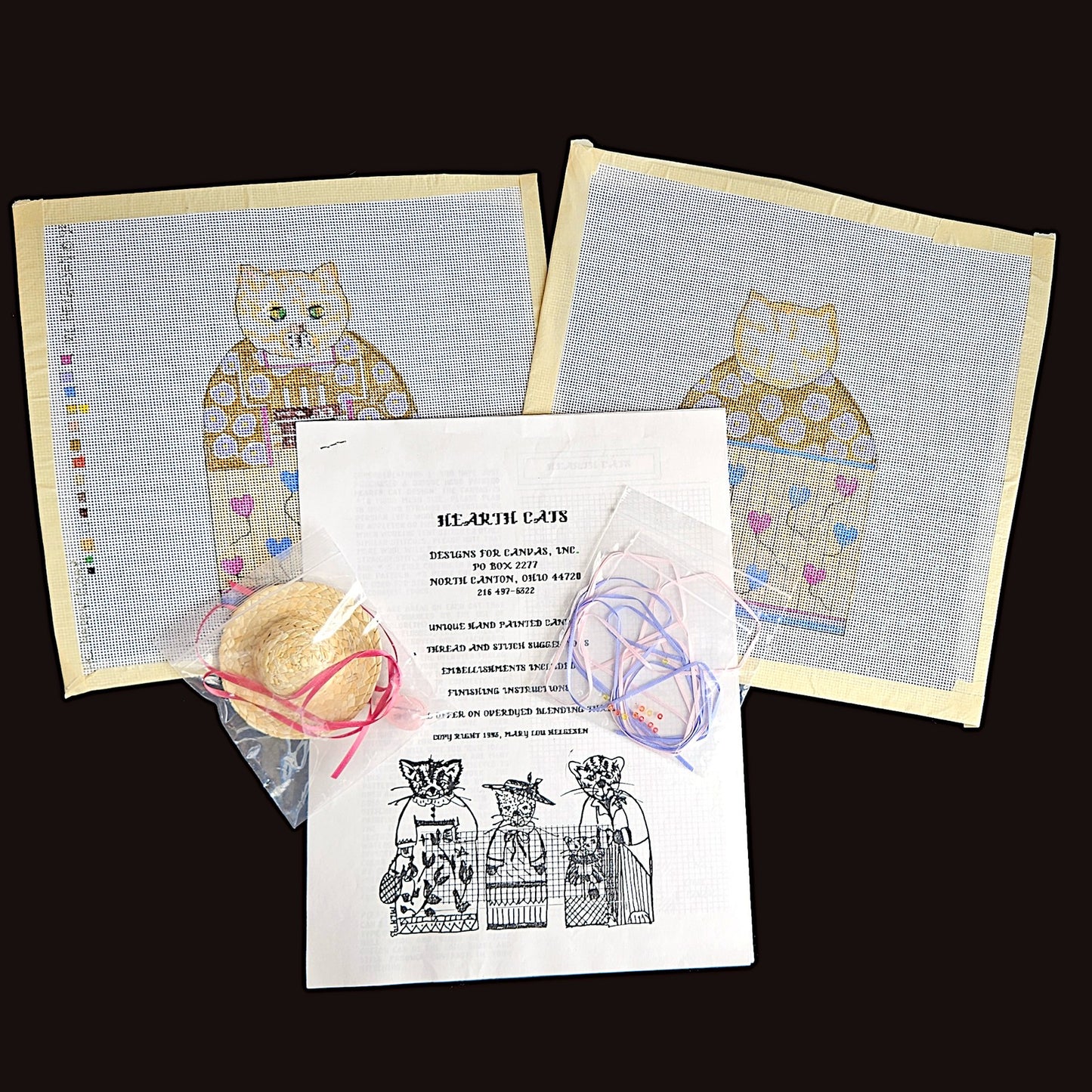 3D NEEDLEPOINT CANVAS W/ EMB & SG:  HEARTH CAT HAPPY B-DAY!    BM0