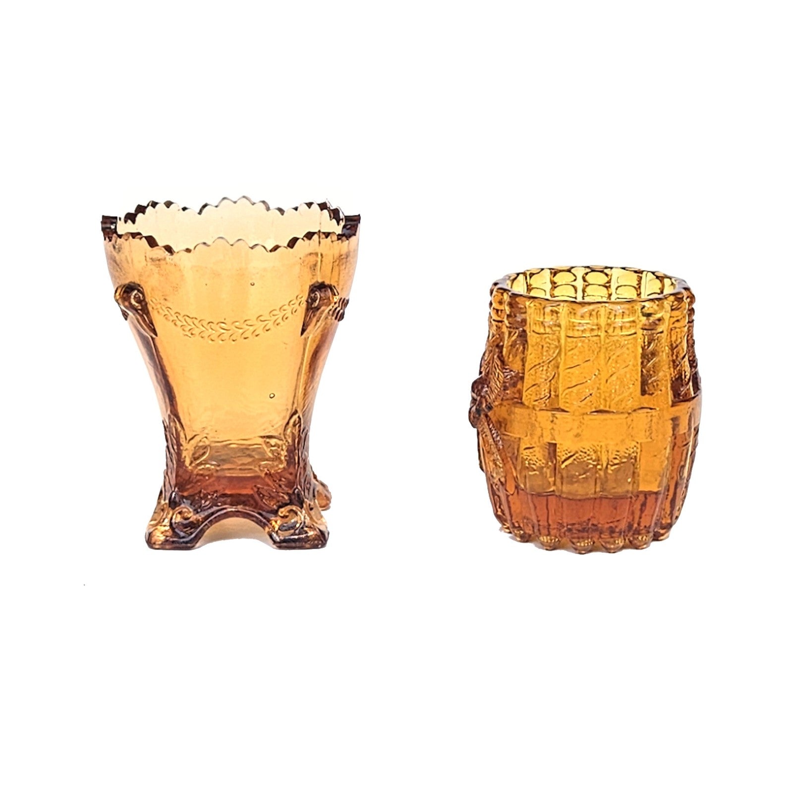 2 VINTAGE AMBER TOOTHPICK MATCH HOLDERS:  DEGENHART AND WHEELING WV      DJ2