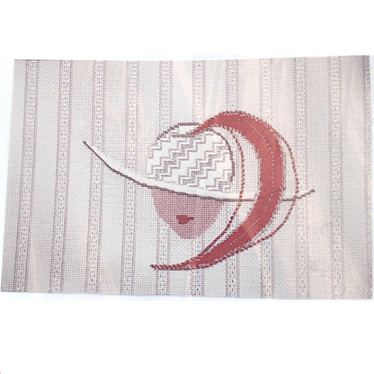 DAMARJ "CERISE" NEEDLEPOINT CANVAS W/ SG THREAD:  DECO HAT WITH RED FEATHER   BM0