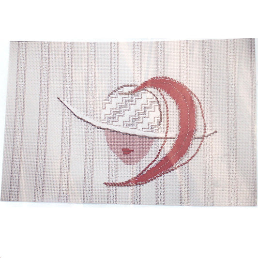 DAMARJ "CERISE" NEEDLEPOINT CANVAS W/ SG THREAD:  DECO HAT WITH RED FEATHER   BM0