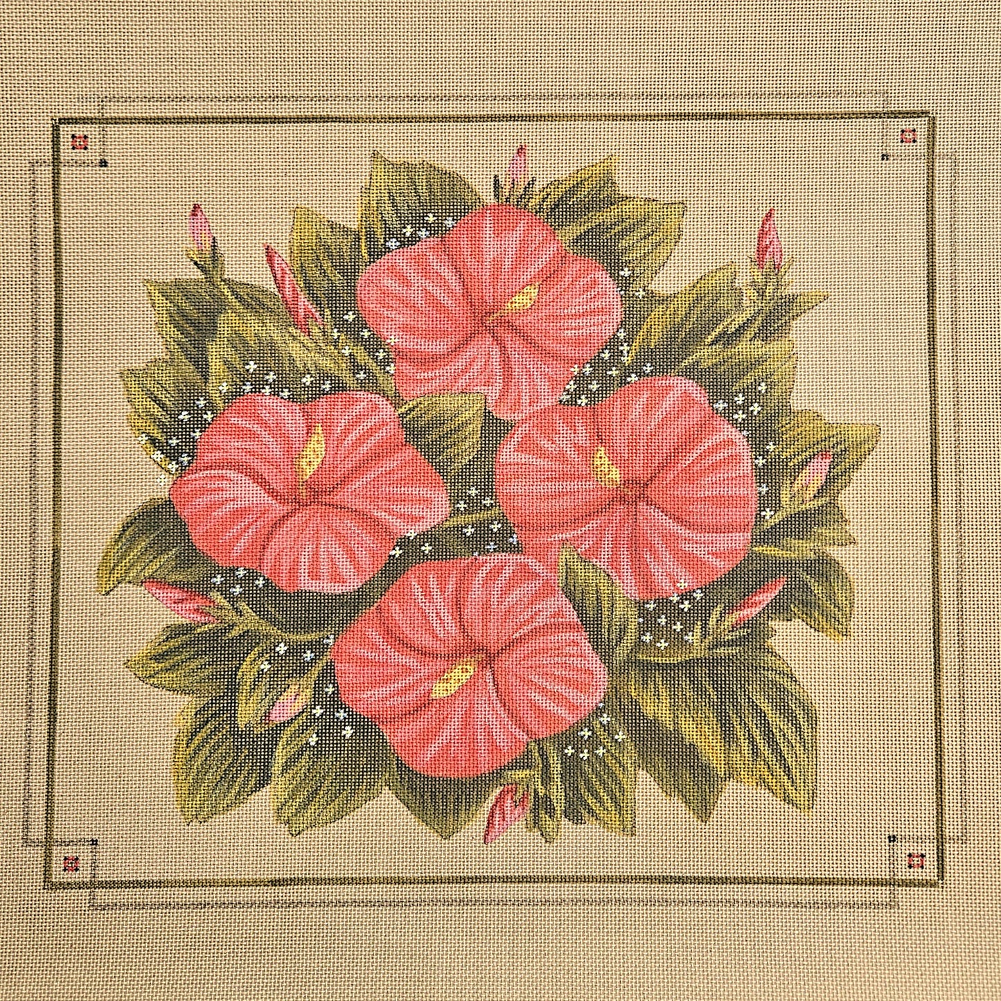 LIZ GOODRICK DILLON HP NEEDLEPOINT CANVAS OOAK: HIBISCUS PILLOW   GG0