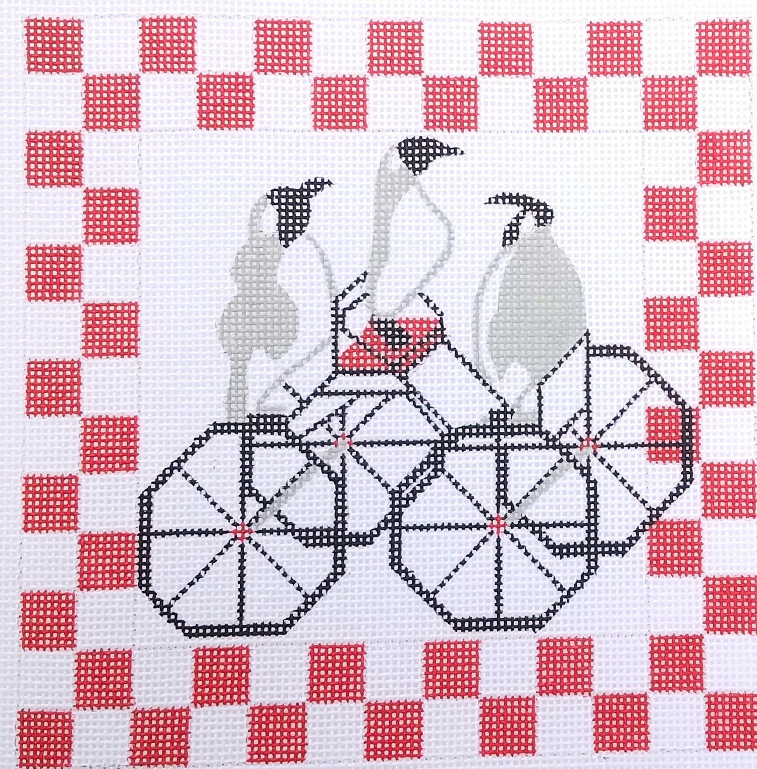 WHIMSICAL WATERWEAVE NEEDLEPOINT CANVAS:  PENGUINS ON CART    BM0