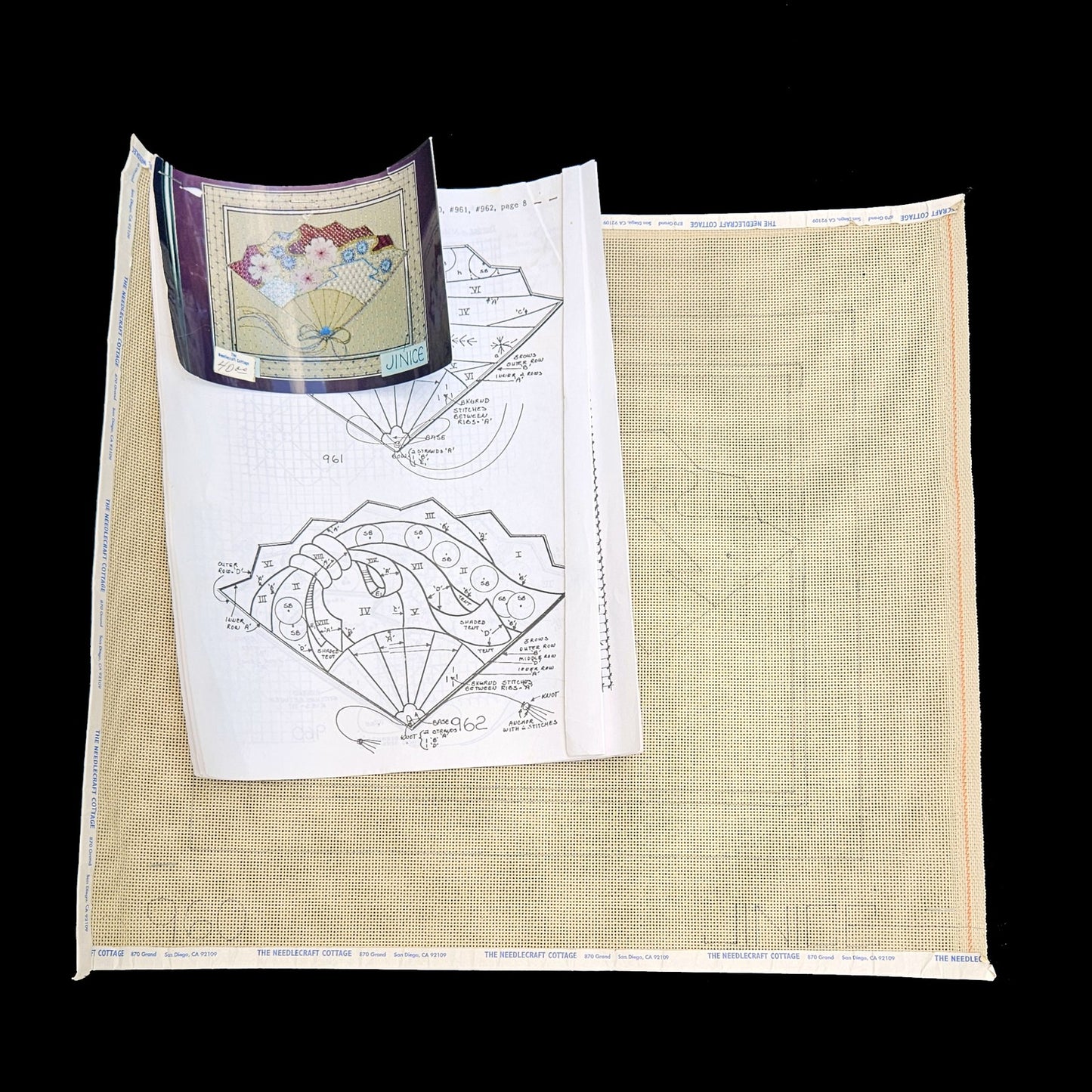JINICE NEEDLEPOINT CANVAS. SG:  CHERRY BLOSSOM ON SANDSTONE FAN DRAWN DESIGN  BM1