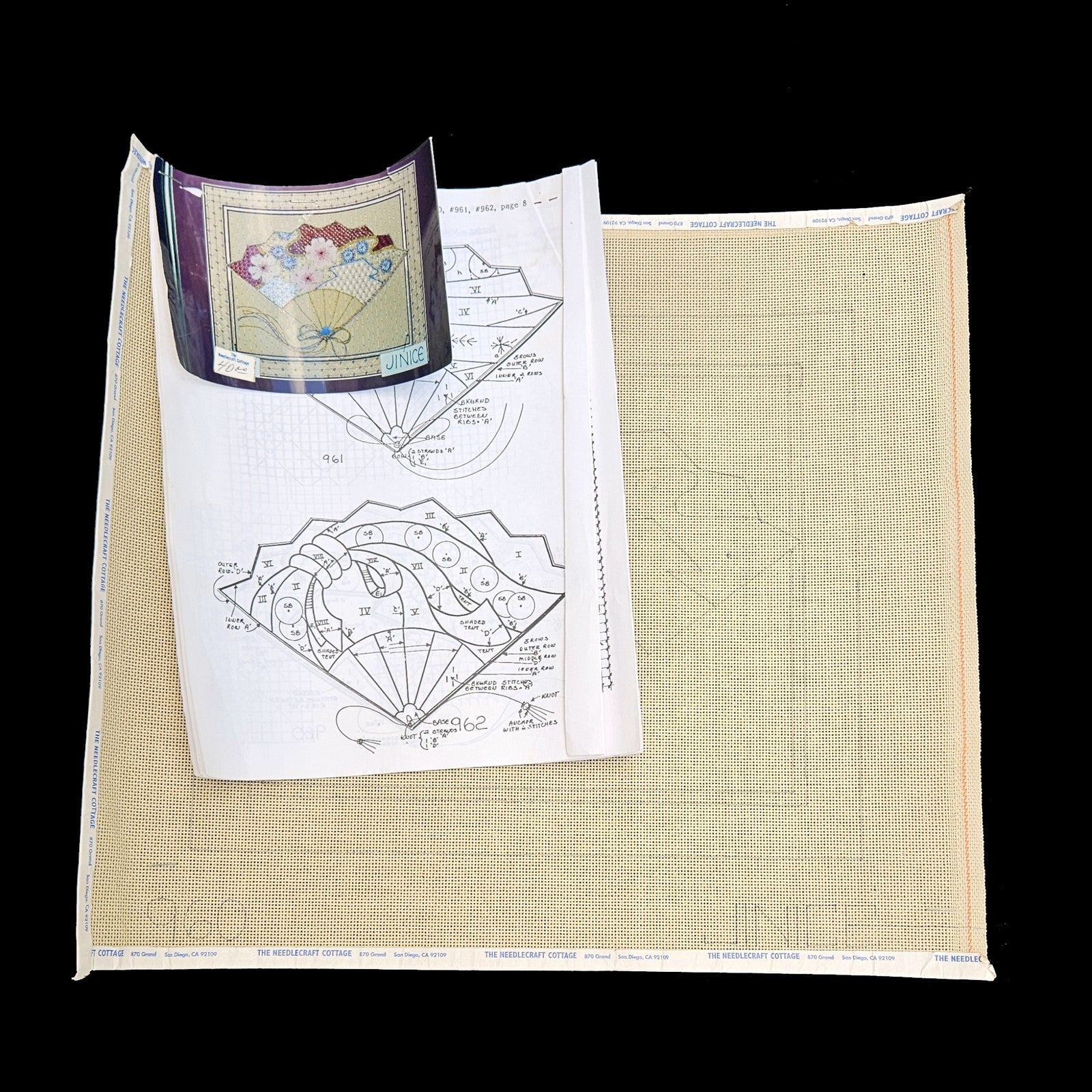 JINICE NEEDLEPOINT CANVAS. SG:  CHERRY BLOSSOM ON SANDSTONE FAN DRAWN DESIGN  BM1